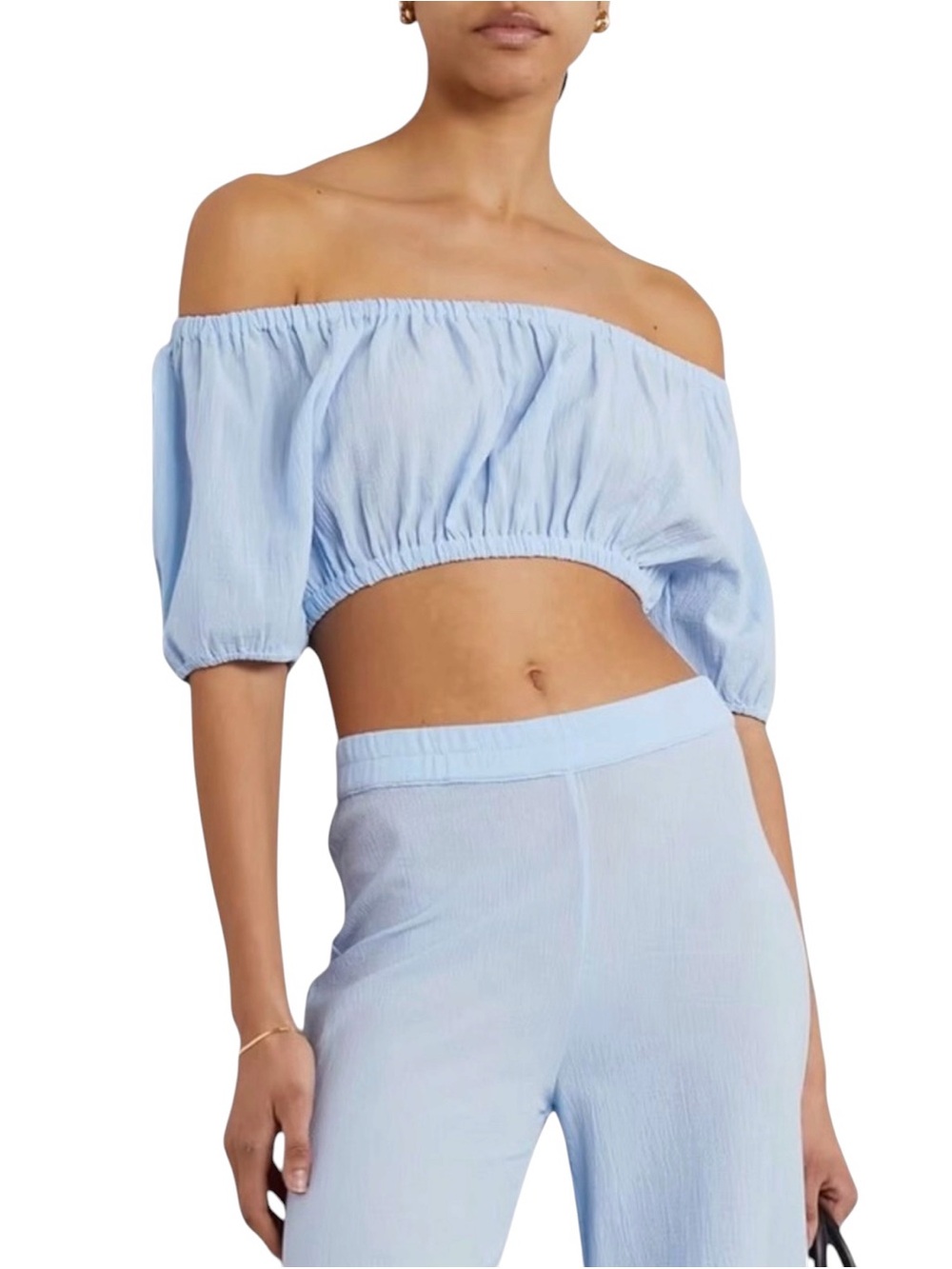 Suzie Kondi Sousanna Cropped Off The Shoulder Cotton Gauze Top Blue X-Large Rare
